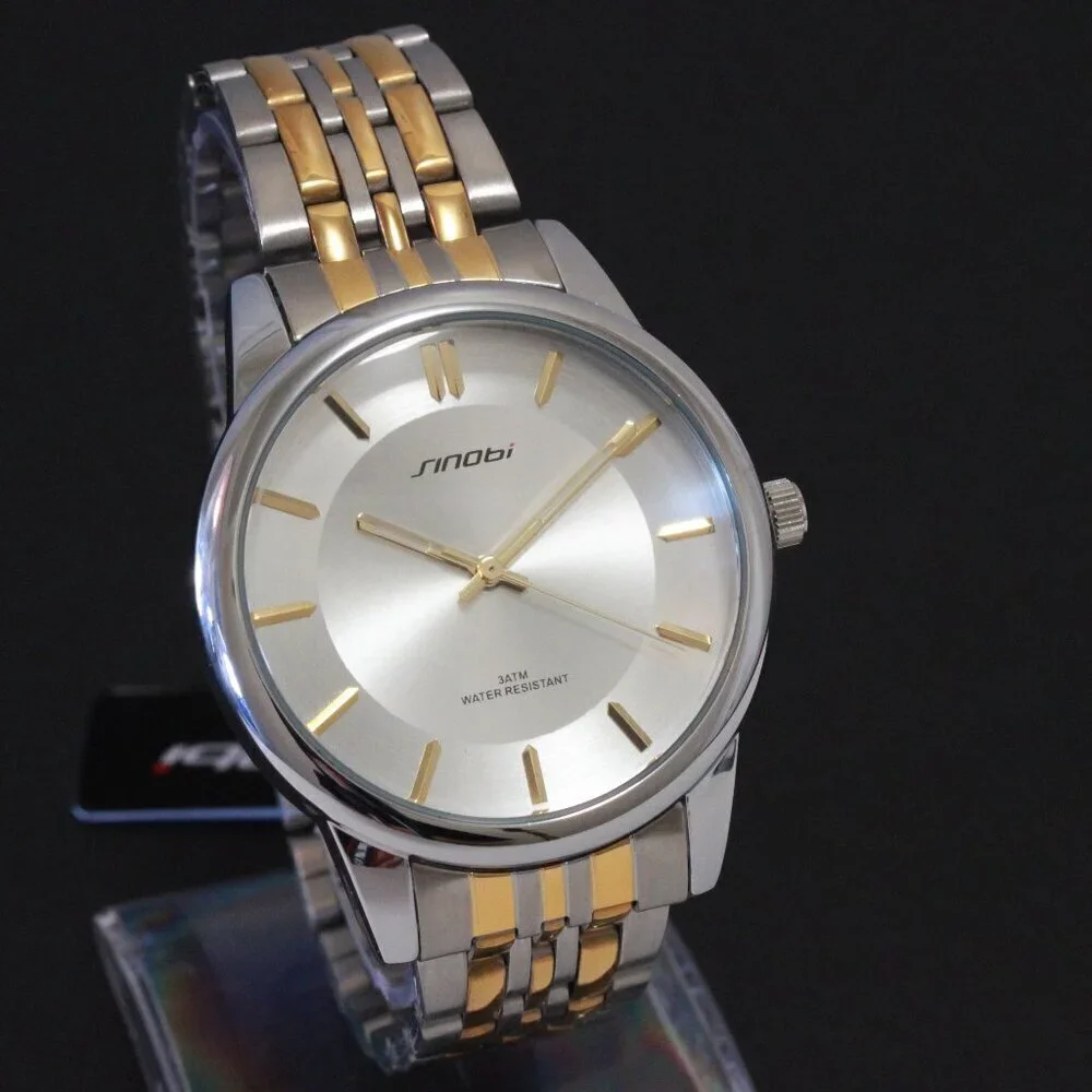 Men's Casual Watch Two Tone Silver Sunburst Dial Gold Hands, Indices 38mm